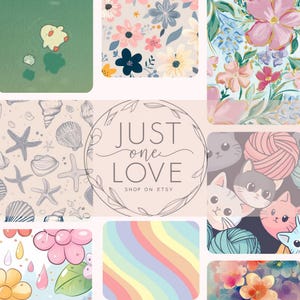 Puede incluir: Un collage de nueve imágenes con varios patrones e ilustraciones. Se incluyen diseños florales, motivos de conchas marinas, un patrón de arcoíris y personajes de dibujos animados. La imagen central muestra el texto "JUST one LOVE SHOP ON ETSY" dentro de un marco circular.