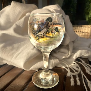 Vintage Duck Scene Stemmed Glass | Hand-Painted Waterfowl Wine Glass | Rustic Farmhouse Barware