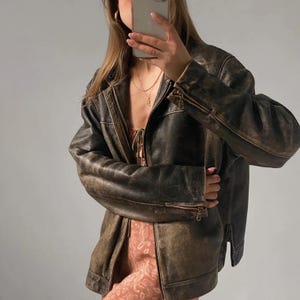 Jaren 90 vrouwen vintage klassiek leren jack, retro oversized leren jas met YKK-rits, leren bomberjack, dames bikerjack, cadeau voor haar