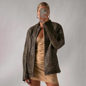Women&#39;s Handmade Brown Oversize Bomber Lambskin Soft Real Leather Jacket, Women&#39;s Casual Wear, Genuine Leather Jacket, Gift for Women