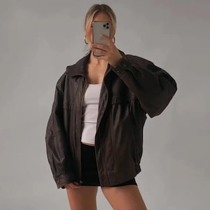 Women Full Grain Oversized Vintage Brown Leather Jacket, Lambskin Bomber Jacket, Ladies Baggy Style Leather Jacket, Gift for women