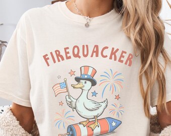 4th of July Goose Comfort Colors Shirt, Funny Fourth of July Goose Tee, Firequacker Patriotic T-Shirt, Funny Summer Goose Tshirt