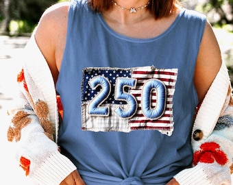 Comfort Colors Patriotic USA Flag Faux Patchwork Tank Top, America 250th Anniversary Tank, 4th of July Tank Top, 250th USA Flag Bow Tank Top