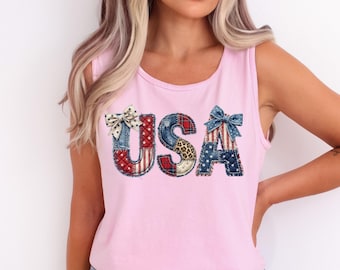 Comfort Colors USA 4th of July Faux Patchwork Tank Top, 250th Anniversary Tank , 4th of July Tank Top, 250th USA Flag Bow Tank Top