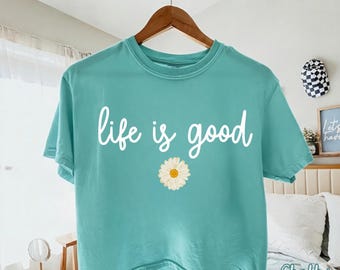 Comfort Colors® lente-madeliefje-T-shirt, life is good-T-shirt, bloemenprint, boho-bloemenT-shirt, pastelkleurige margriet-T-shirt dames, vintage lenteshirt