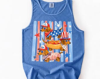 Comfort Colors Striped Patriotic Dachshund Tank Top, 4th Of July Weiner Dog 250th Anniversary Shirt,  Retro USA Doxie Tank Top