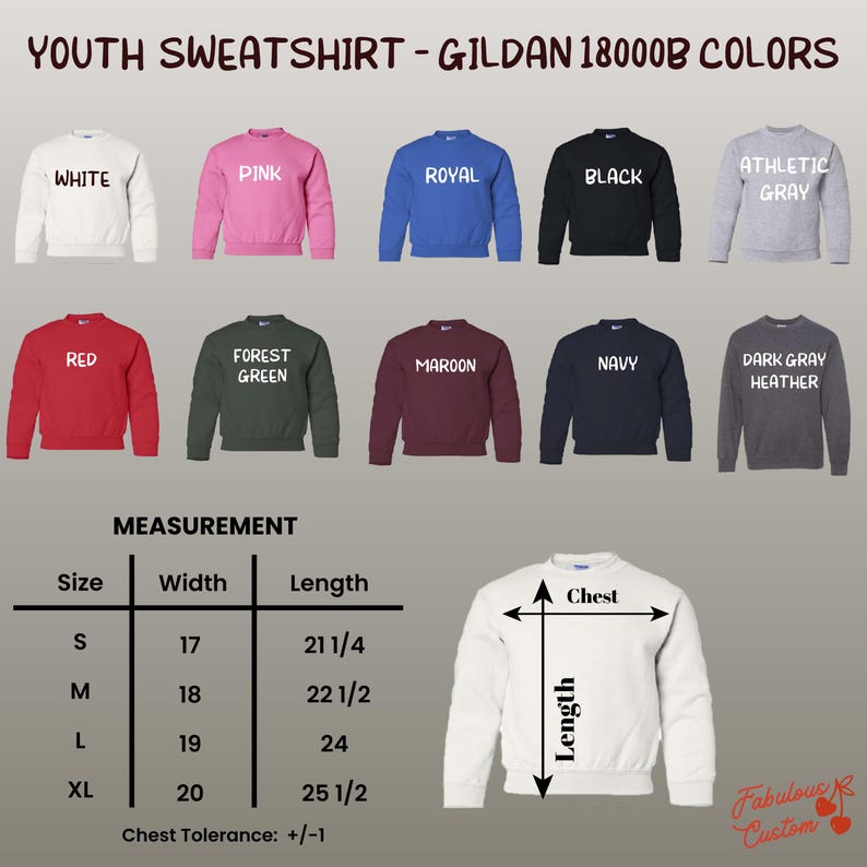 K&ouml;nnte beinhalten: Verschiedene Gildan 18000B Jugend-Sweatshirts in Farben wie Wei&szlig;, Pink und Marineblau. Das Bild zeigt eine Gr&ouml;&szlig;entabelle mit Ma&szlig;en in Zoll und den Text "Fabulous K Custom". Die Sweatshirts sind in den Gr&ouml;&szlig;en S bis XL erh&auml;ltlich.