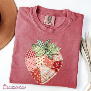 Comfort Colors® Strawberry Faux Patchwork Shirt, Quilted Farmhouse Berry Tee, Rustic Gingham Floral Design, Cottagecore Aesthetic Shirt