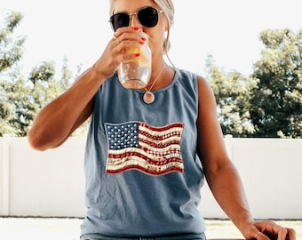 Comfort Colors Patriotic USA Flag Faux Patchwork Tank Top, America 250th Anniversary Tank, 4th of July Tank Top, 250th USA Flag Bow Tank Top