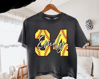 Comfort Colors® Custom Softball Number Boxy Tee, Softball Name Tee, Personalized Softball Player Shirt, Softball Gift, Sports Mom, Game Day