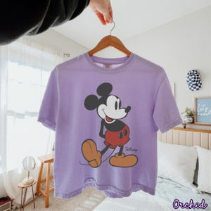 May include: A lavender t-shirt featuring a classic Mickey Mouse graphic. The cartoon character is depicted in black, red, and tan, with the Disney logo below. The shirt is hanging on a wooden hanger.