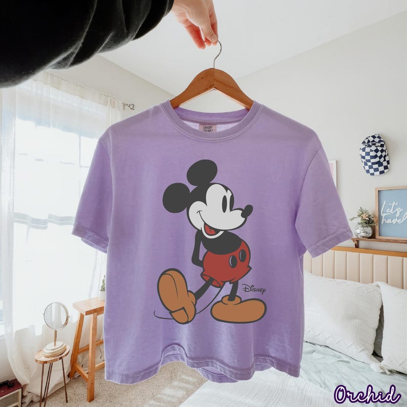 May include: A lavender t-shirt featuring a classic Mickey Mouse graphic. The cartoon character is depicted in black, red, and tan, with the Disney logo below. The shirt is hanging on a wooden hanger.