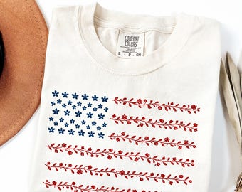 Comfort Colors Floral American Flag Shirt, Vintage Garment-Dyed Patriotic Tee
