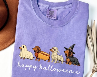Halloween Dachshund Shirt, Comfort Colors® Wiener Dog Tshirt, Gift for Dachshund Mom Shirt, Dachshund Mama Gift, Happy Halloweenie Shirt