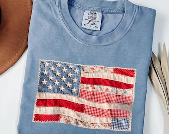 Comfort Colors® Retro American Flag Shirt, Faux Patchwork USA Tee, 4th of July Shirt, Patriotic Graphic Shirt, Fourth of July Shirt