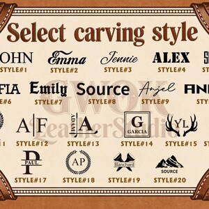 May include: A tan-colored graphic with the text "Select carving style" and examples of personalized name styles. The design is framed with a brown leather-like border and buckle accents, showcasing various fonts and monogram options.