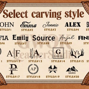 May include: A tan-colored graphic with the text "Select carving style" and examples of personalized name styles. The design is framed with a brown leather-like border and buckle accents, showcasing various fonts and monogram options.