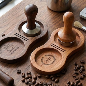 Personalized Walnut Espresso Tamping Station - Custom Engraved Wood Coffee Tamper Holder, Barista Tools Organizer - Gift for Coffee Lovers