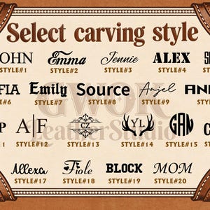 Może przedstawiać: Brązowa grafika z napisem "Select carving style" i przykładami r&oacute;żnych czcionek do personalizacji. Projekt jest obramowany brązową, sk&oacute;rzaną ramką i narożnikami.