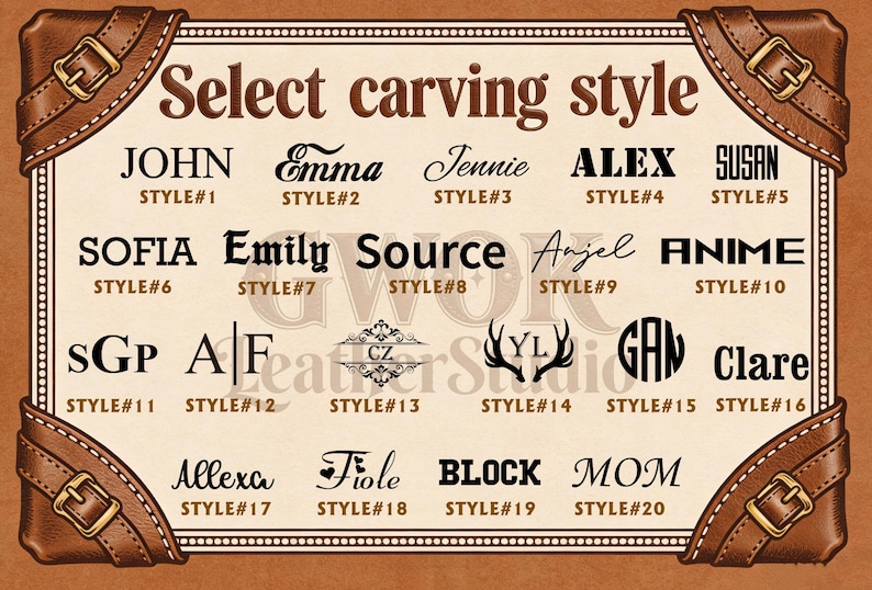 Może przedstawiać: Brązowa grafika z napisem "Select carving style" i przykładami r&oacute;żnych czcionek do personalizacji. Projekt jest obramowany brązową, sk&oacute;rzaną ramką i narożnikami.