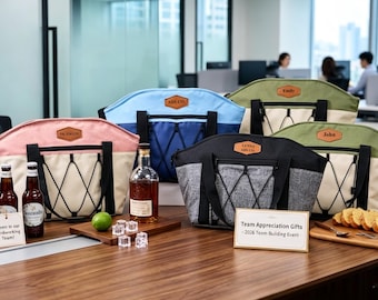 Regalo corporativo al por mayor para empleados, bolsa térmica con logotipo personalizado, regalo de agradecimiento para empleados, bolsa isotérmica con parche de cuero, regalo para actividades de integración de equipos