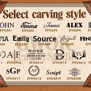 May include: A rectangular chart titled Select carving style featuring twenty distinct font and design options for personalization. The border resembles a brown leather suitcase with buckle details at each corner, framing the black text samples.