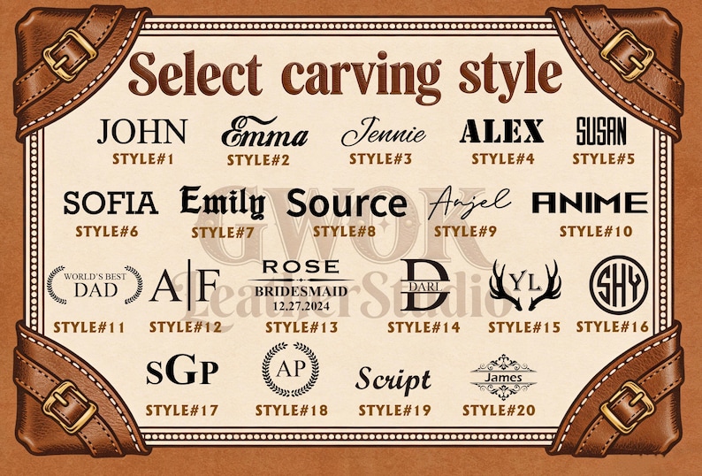 May include: A rectangular chart titled Select carving style featuring twenty distinct font and design options for personalization. The border resembles a brown leather suitcase with buckle details at each corner, framing the black text samples.