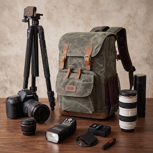 Personalisierter Kamerarucksack, Vintage-Canvas-Rucksack für DSLR-Kameras, Geschenk für Fotografen, Kameratasche mit individuellem Namen, Rucksack für Fotoausrüstung