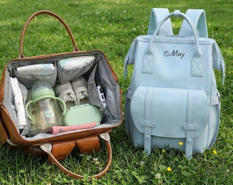 Custom name Leather Diaper Backpack | Stylish Maternity Bag for Mom | Insulated Baby Bottle Pockets | Large Capacity Nappy Bag