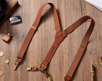 Personalized Elastic Genuine  Leather Suspenders for Men - Vintage Custom Braces Gift