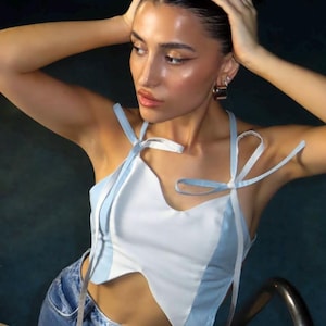 Asymmetrical Linen Cotton Top – Sleeveless Summer Tie Top, Adjustable Festival Outfit, Handmade Bow Tank