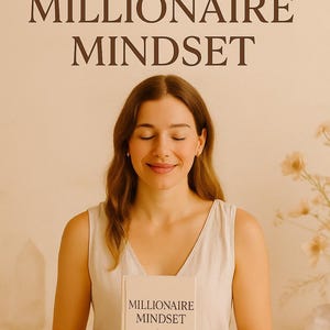Op de afbeelding: Een vrouw houdt een boek vast met de titel "Millionaire Mindset" met de tekst "ManifestwithIsa" erboven. Het boek heeft een bloemenontwerp. De vrouw draagt een lichtgekleurde top en heeft haar ogen gesloten. De achtergrond is zacht beige.