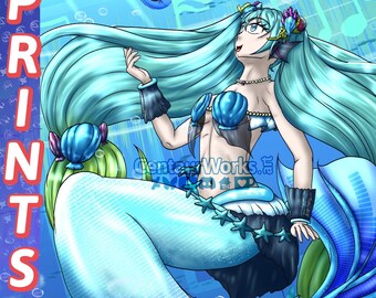 May include: An illustration of a mermaid with long, flowing turquoise hair and a matching tail. She wears a seashell bra and a pearl necklace. The background is a blue underwater scene with the word "PRINTS" in vertical text.