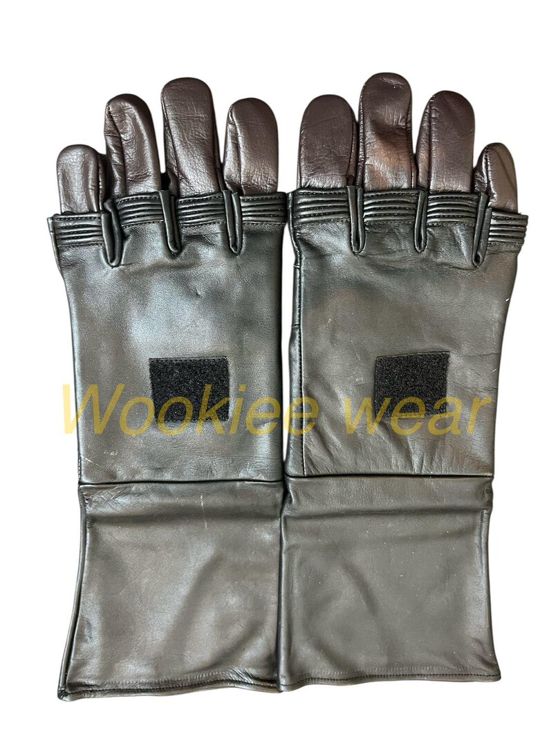 Pu&ograve; includere: Un paio di guanti in pelle nera con punte delle dita marroni. I guanti hanno un polsino lungo e un piccolo quadrato di velcro sul dorso di ogni mano. I guanti sono progettati per la protezione e probabilmente vengono utilizzati per il lavoro o il cosplay.