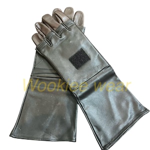 Pu&ograve; includere: Un paio di guanti in pelle nera con punte delle dita marroni e una toppa in velcro nera. I guanti hanno polsini lunghi. Il testo "Wookiee Wear" &egrave; visibile. Guanti protettivi.