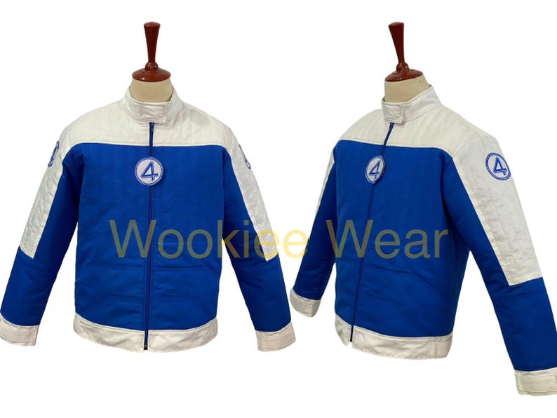 May include: Blue and white jacket with a zipper closure. The jacket has a white upper section and sleeves, with blue on the lower body. A circular patch with the number 4 is on the chest. The text "Wookiee Wear" is visible.