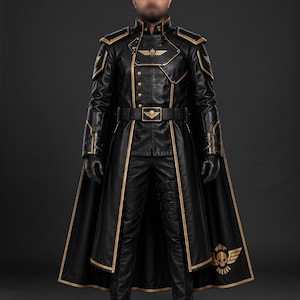 May include: A black long coat with gold trim, structured shoulders, and a high collar. The coat features a gold winged emblem on the chest, a belt with a skull buckle, and a matching skull emblem on the lower cape. Black trousers and gloves.