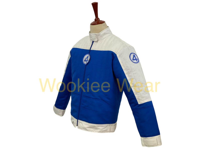 May include: Blue and white jacket with a zipper closure and the number 4 logo on the chest and sleeve. The jacket has a stand-up collar and white accents on the shoulders and sleeves. The jacket is displayed on a mannequin.