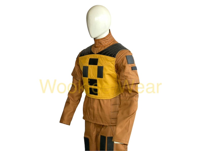 May include: A brown and yellow costume with black accents, displayed on a mannequin. The costume features a yellow chest piece with black squares and a black collar. The sleeves are long and the pants are visible at the bottom.
