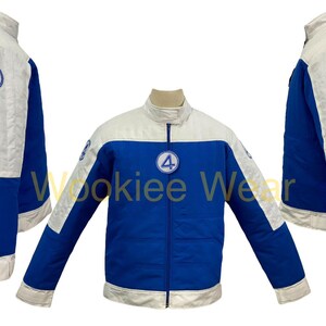 May include: A blue and white jacket with a round collar and a zipper closure. The jacket features the number "4" in a circle on the chest and sleeves. The sleeves and upper chest are white, while the body is blue.