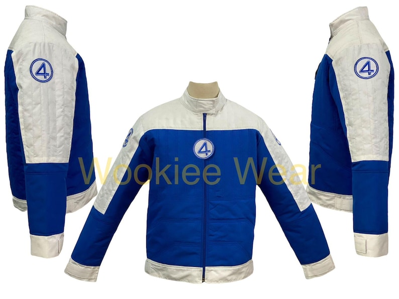 May include: A blue and white jacket with a round collar and a zipper closure. The jacket features the number "4" in a circle on the chest and sleeves. The sleeves and upper chest are white, while the body is blue.