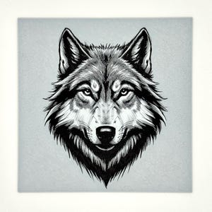 Könnte beinhalten: Schwarz-Weiß-Illustration eines Wolfskopfes, zentriert auf einem hellgrauen Hintergrund. Das Fell des Wolfes ist detailliert schattiert, und seine Augen sind fokussiert. Das Bild hat ein quadratisches Format, geeignet für Wandkunst.