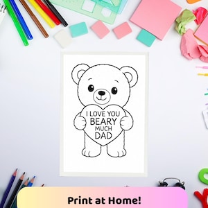 Fête des pères à colorier dans les Apuis – Joli ours en peluche à imprimer | Téléchargement instantané | Activité pour enfants A4 | Papa et moi