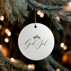 God Jul script with pine sprig Ceramic Ornament | Christmas Scandinavian Norwegian Danish decor