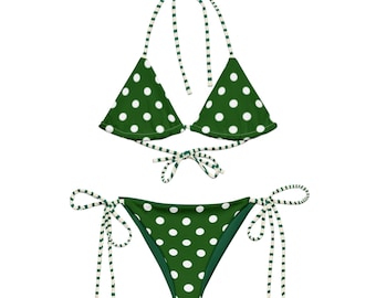Bikini de tiras con lunares verdes retro: bonito y sexy traje de baño de dos piezas con lazos laterales. Regalo para ella, ropa de playa de verano.