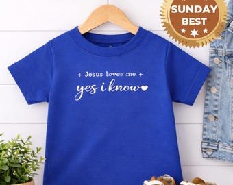 Jesus loves me yes i know Toddler Boy T-shirt | Christian faith tee Blue Grey