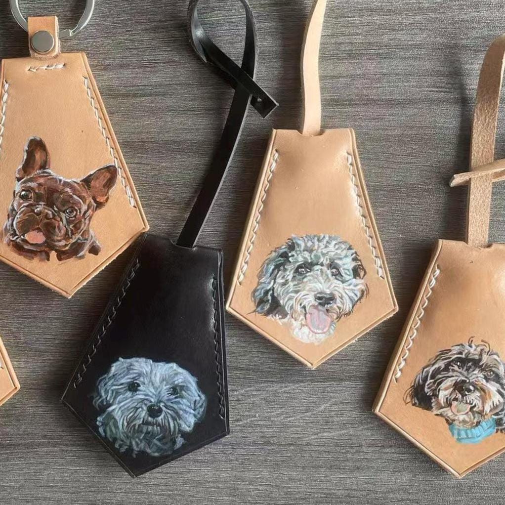 Custom Hand-painted Pet Leather Bag Charm Personalized Dog Portrait Luggage Tags Cat Keychain Handmade Pet Memorial Gift Pet Owner Gift