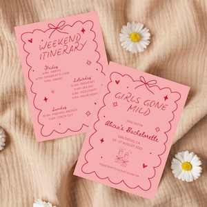 Girls Gone Mild Vrijgezellenfeest reisplan uitnodiging sjabloon Bachweekend uitnodiging slaapfeestje bewerkbare Canva reisroute voor meisjes