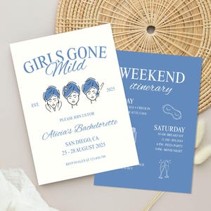 Girls Gone Mild Vrijgezellenfeest reisplan uitnodiging sjabloon Bachweekend uitnodiging slaapfeestje bewerkbare Canva reisroute voor meisjes