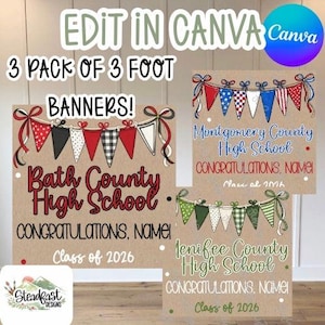 Puede incluir: Tres pancartas de graduación con banderas de banderines y texto. Las pancartas dicen "Bath County High School", "Montgomery County High School" y "Jenifee County High School". Cada pancarta incluye el texto "¡Felicidades, Nombre!" y "Clase de 2026".